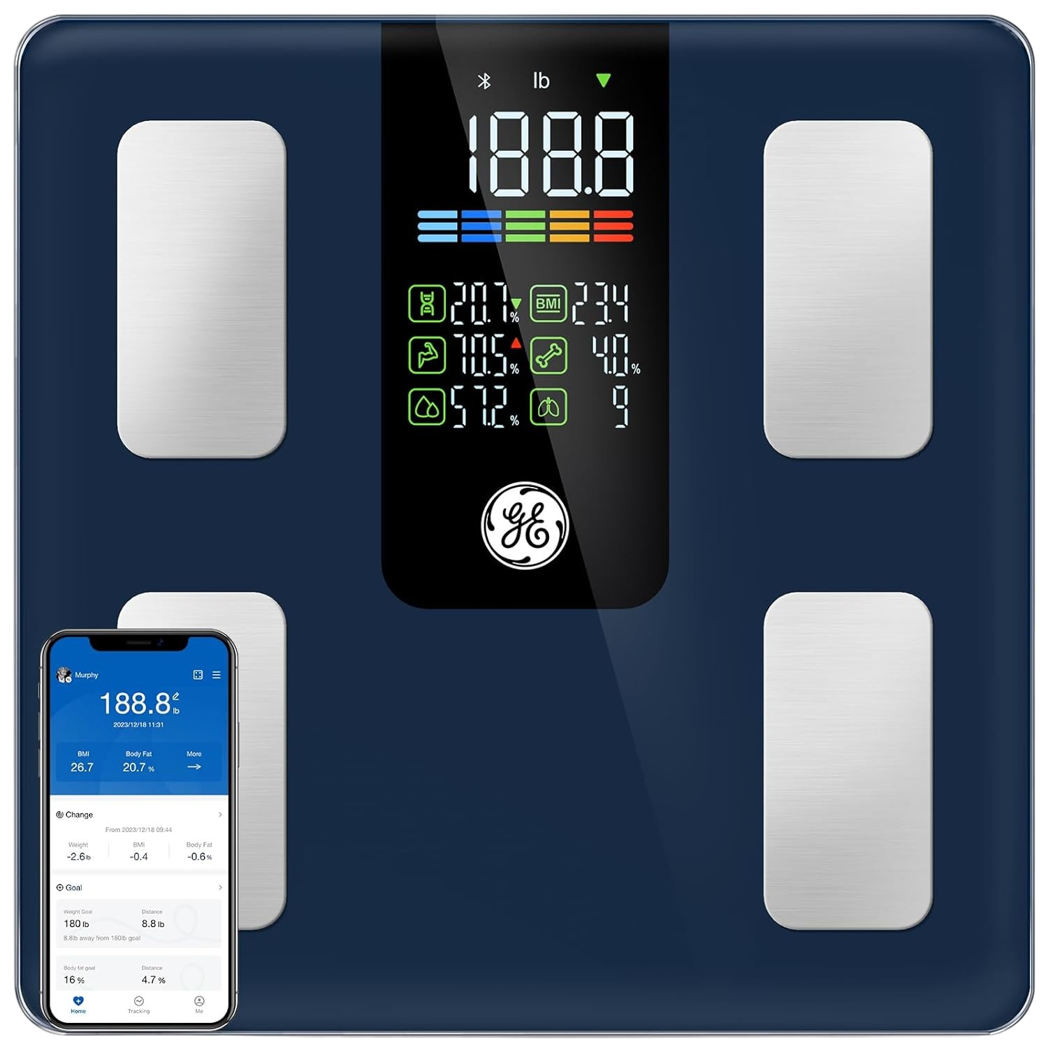 GE Smart Scale BMI fat muscle mass 500lb Bluetooth dark blue 11.8 inch