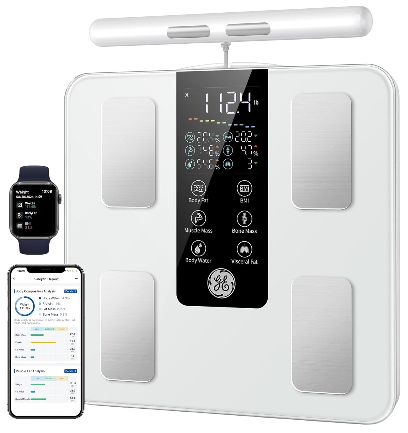 GE Smart Scale 8-electrode 50 measurements body composition Bluetooth 400lb white