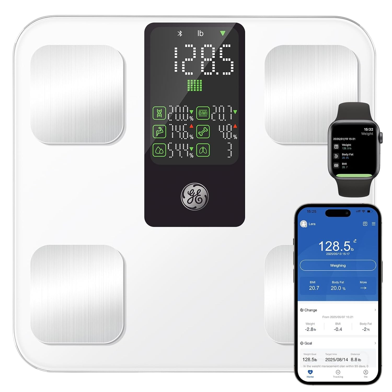GE Smart Scale 8-in-1 display 14 body composition Bluetooth 400lb white 11.8 inch