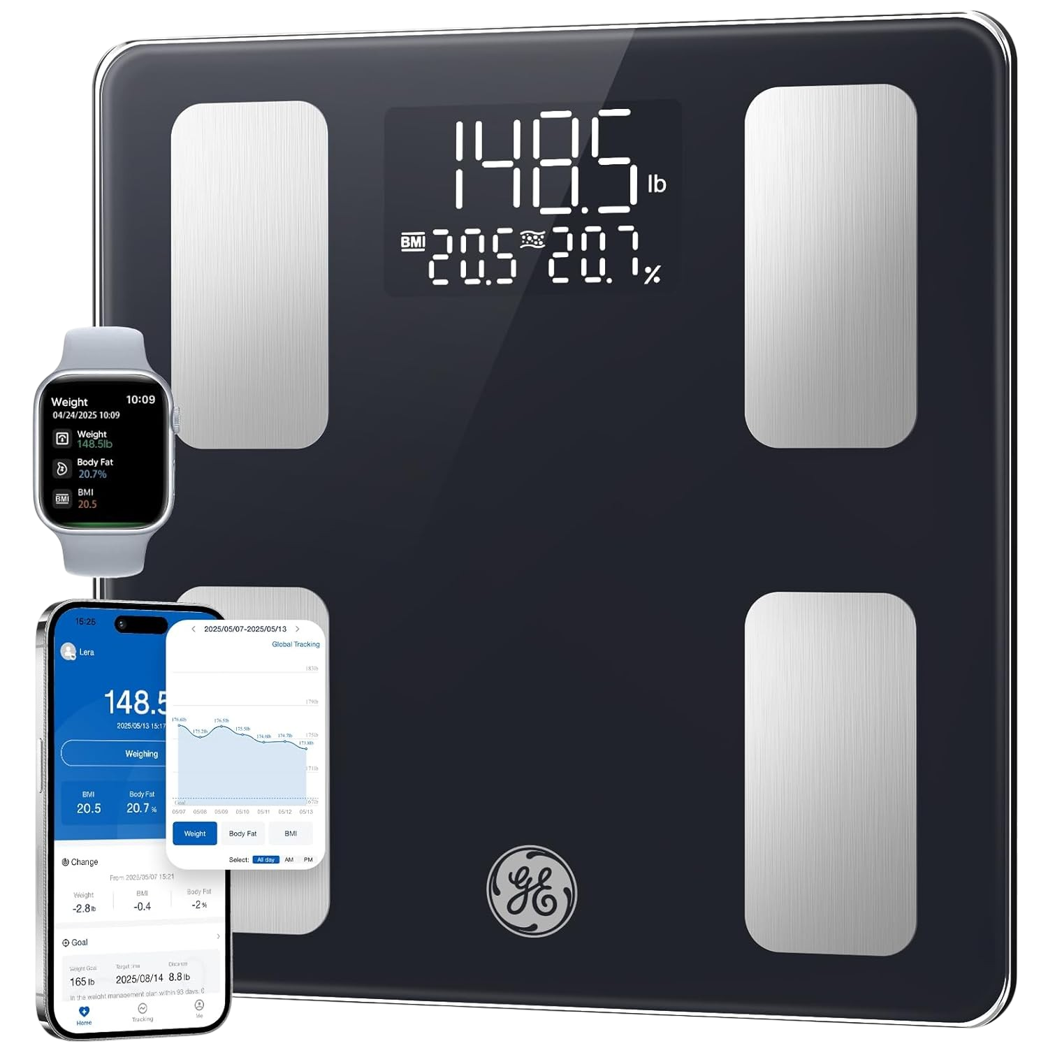 GE Smart Scale 13 body composition monitor Bluetooth 400lb black 11 inch